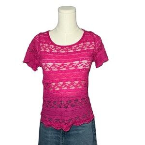 H.I.P. Hot Pink Lace Sheer Short Sleeve Top Size Small